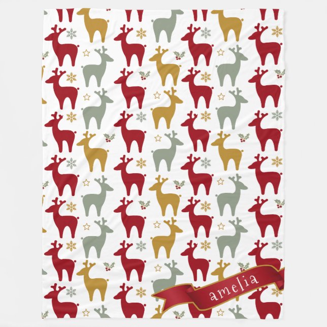 Red Christmas Reindeer Pattern#12 ID1009 Fleece Blanket (Front)