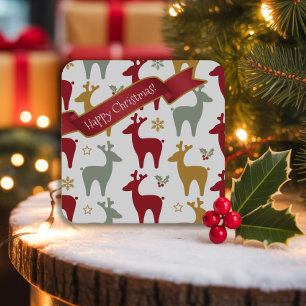 Red Christmas Reindeer Pattern#12 ID1009 Square Paper Coaster