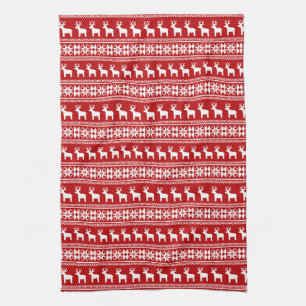 Red Christmas Reindeer Snowflake Classic Pattern Tea Towel