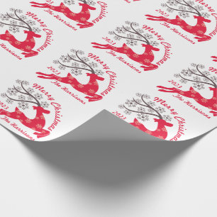 Red Christmas Reindeer Snowflake Name White Wrapping Paper