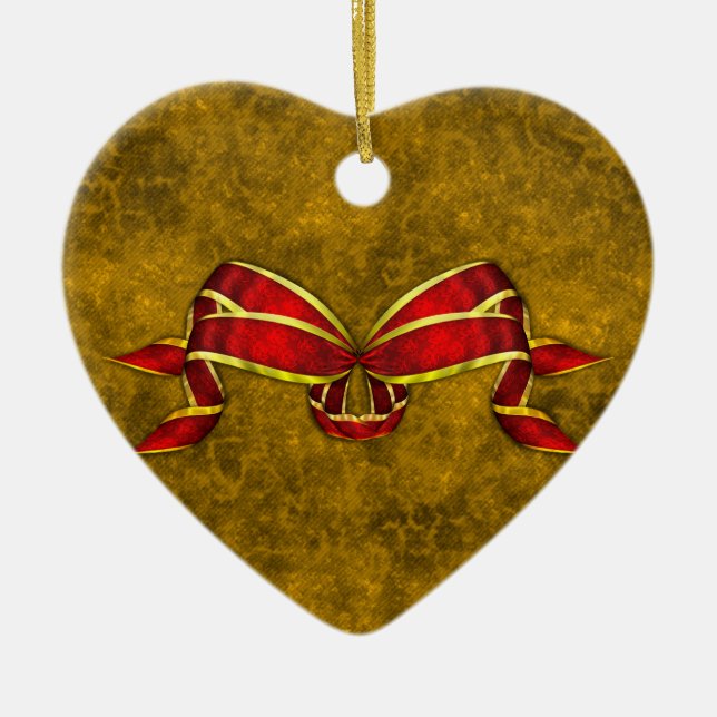 Red Christmas Ribbon on Gold Ceramic Tree Decoration (Front)