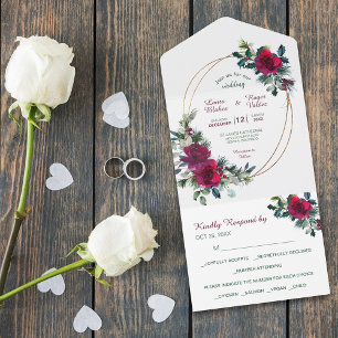 Red Christmas Rose Gold Frame Wedding All In One Invitation