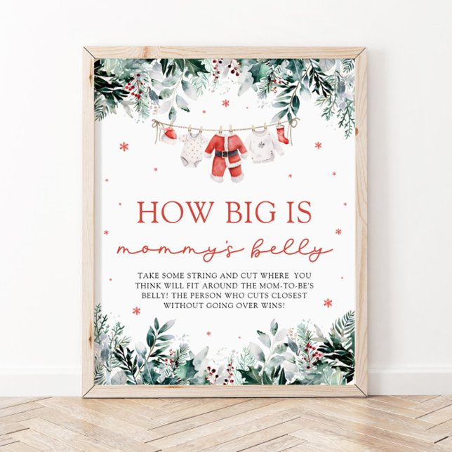 Red Christmas Santa Baby How Big Is Mummy's Belly  Poster (Watercolor Red Christmas Santa Baby How Big Is Mommy's Belly Sign)