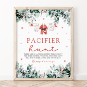Red Christmas Santa Baby Pacifier Hunt Baby Shower Poster