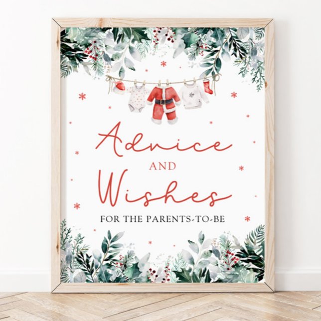 Red Christmas Santa Baby Shower Advice and Wishes Poster (Watercolor Cute Red Christmas Santa Baby Shower Advice and Wishes Sign)