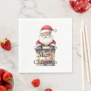 Red Christmas Santa in Chimney Napkin
