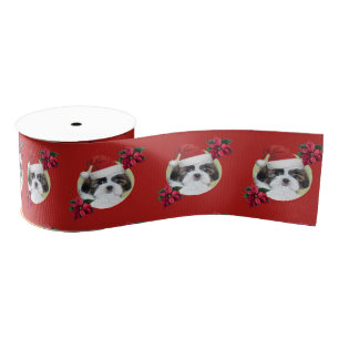 Red Christmas shih tzu dog 3" grosgrain Ribbon
