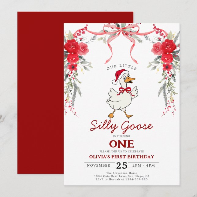 Red Christmas Silly Goose Girl 1st Birthday Invitation (Front/Back)