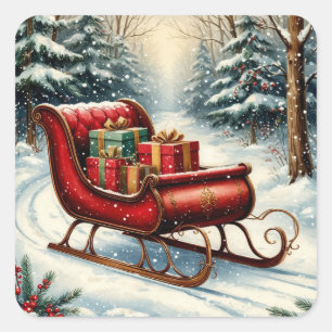 Red Christmas Sleigh In Snowy Evergreen Forest Square Sticker