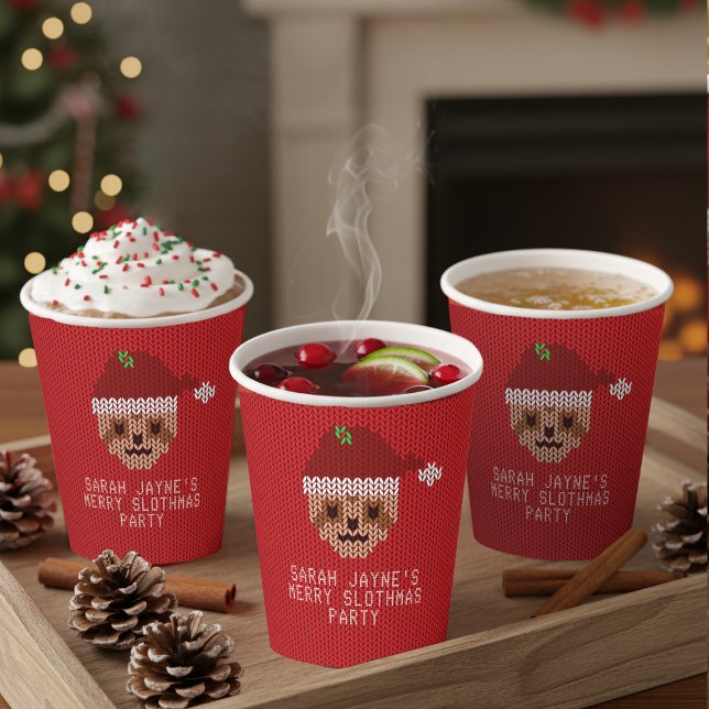 Red Christmas Sloth Sweater Party Paper Cups (Festive drinks taste better in sloth paper cups. Add your sweater party details)