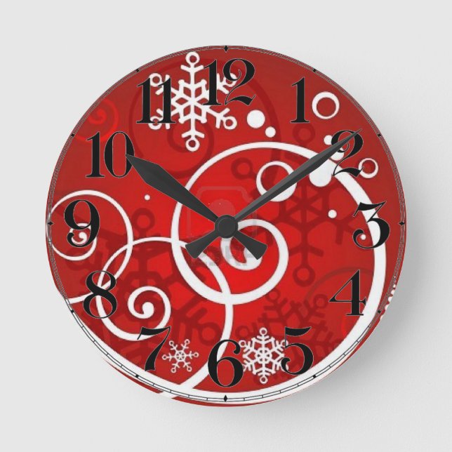 Red Christmas Snow Holiday Round Clock (Front)