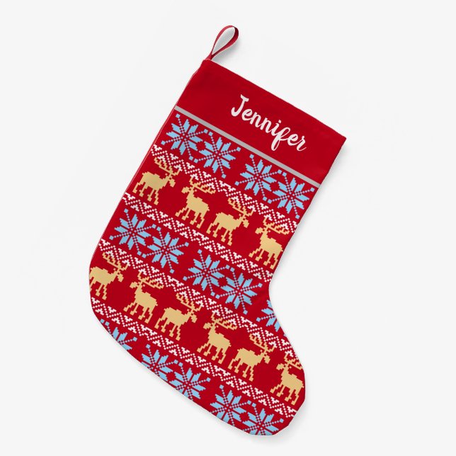 Red Christmas Snowflakes Elk Nordic Pattern Small Christmas Stocking (Front (Hanging))