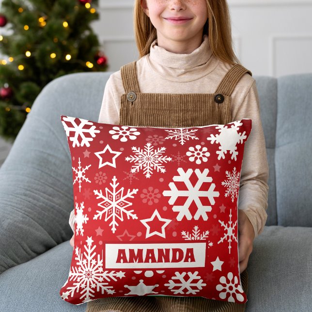 Red Christmas Snowflakes Pattern Kids Name Cushion (Creator Uploaded)