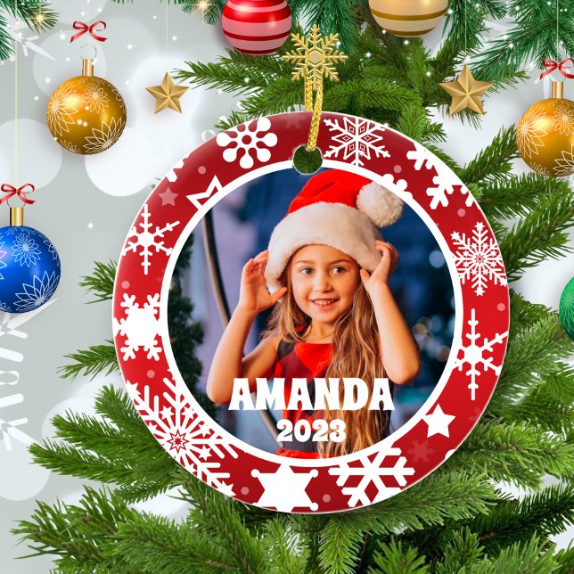 Red Christmas Snowflakes Personalised Kids Photo Ceramic Ornament (Creator Uploaded)