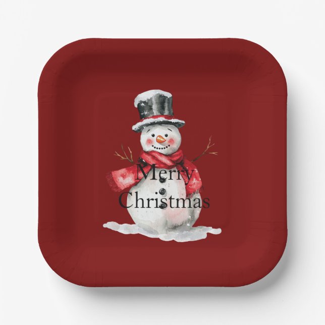 Red Christmas Snowman  Paper Plate (Front)
