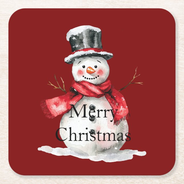 Red Christmas Snowman  Square Paper Coaster (Front)