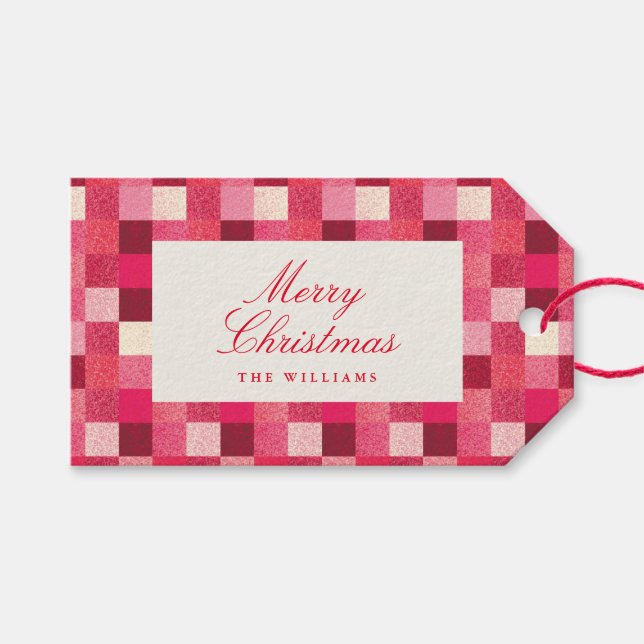 Red Christmas Sparkle Chequered Gift Tag (Front (Horizontal))