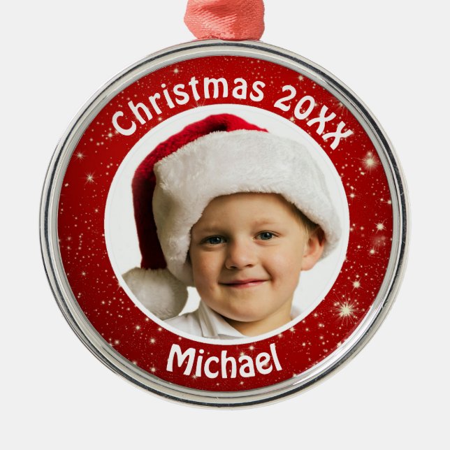 Red Christmas Sparkles Custom Photo Personalised Metal Ornament (Front)
