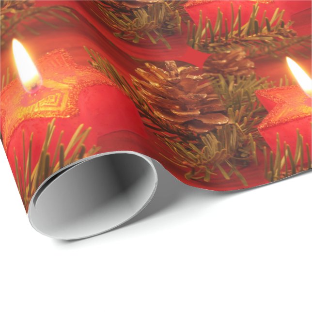 Red Christmas Star Candle Wrapping Paper (Roll Corner)