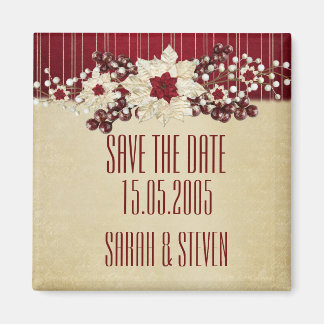 Red Christmas Star Damask Gold Save the date Magnet