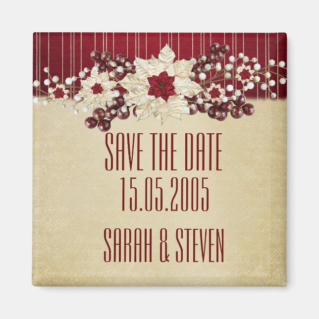 Red Christmas Star Damask Gold Save the date Magnet (Front)