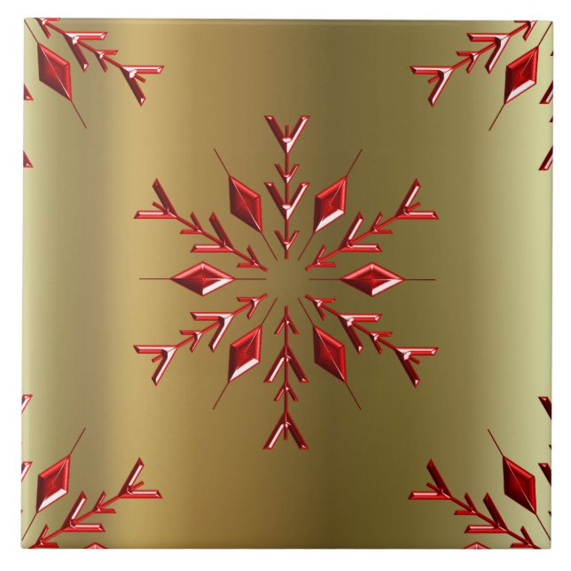 Red Christmas Stars on Gold Ceramic Tile (Front)