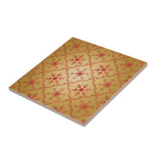 Red Christmas Stars on Gold Ceramic Tile