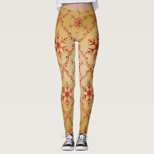 Red Christmas Stars on Gold Leggings