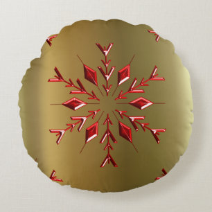 Red Christmas Stars on Gold Round Cushion
