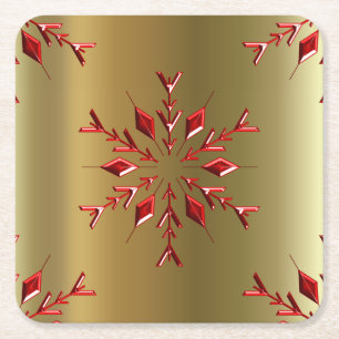 Red Christmas Stars on Gold Square Paper Coaster