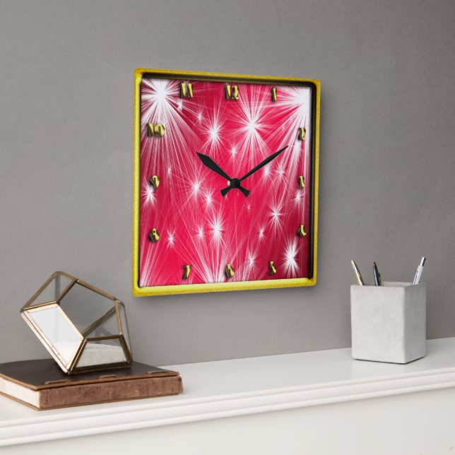 Red Christmas stars with snowflakes and poinsettia Square Wall Clock (Office)