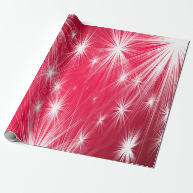 Red Christmas stars with snowflakes and poinsettia Wrapping Paper (Unrolled)