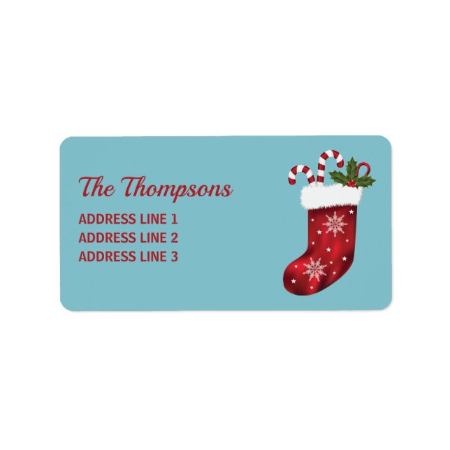 Red Christmas Stocking On Blue With Custom Text Label (Front)
