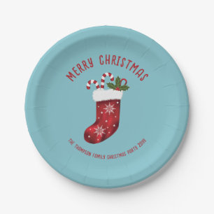 Red Christmas Stocking On Blue With Custom Text Paper Plate