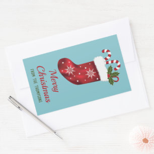 Red Christmas Stocking On Blue With Custom Text Rectangular Sticker