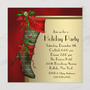 Red Christmas Stocking Red Gold Christmas Party Invitation