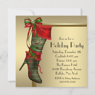 Red Christmas Stocking Red Gold Christmas Party Invitation