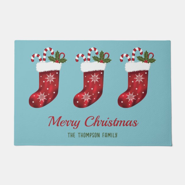 Red Christmas Stockings On Blue With Custom Text Doormat (Front)