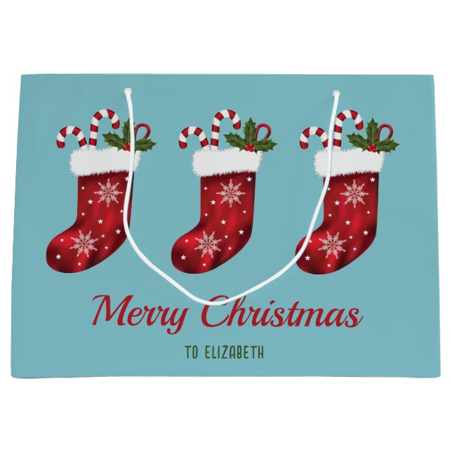 Red Christmas Stockings On Blue With Custom Text Large Gift Bag (Front)