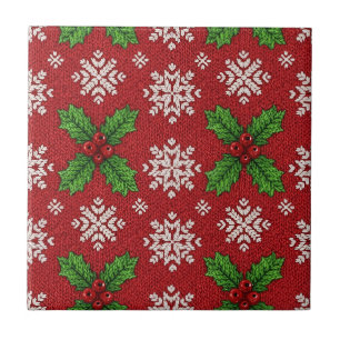 Red Christmas Sweater Holly Snowflake Knit Ceramic Tile