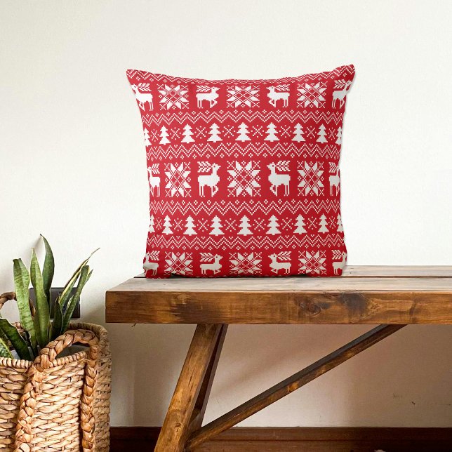 Red Christmas Sweater Reindeer Poinsettias Pattern Cushion (Creator Uploaded)