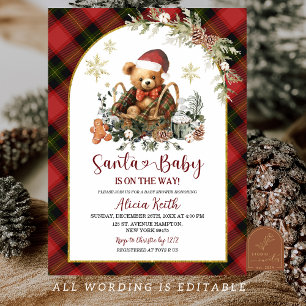 Red Christmas Tartan Cosy Santa Bear Baby Shower Invitation