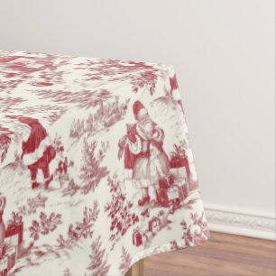 Red Christmas Toile Santa And Trees Tablecloth