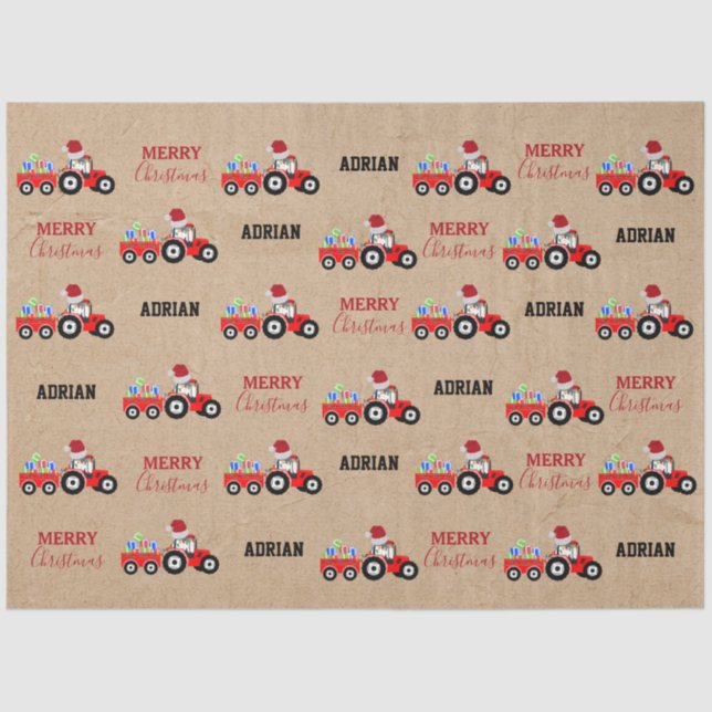 Red Christmas Tractor Truck Farm Custom Name Kraft Tissue Paper (Front)