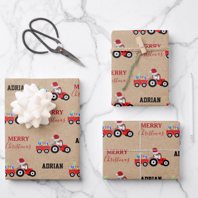 Red Christmas Tractor Truck Farm Custom Name Kraft Wrapping Paper Sheet (Front)
