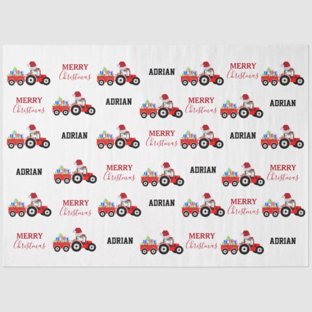 Red Christmas Tractor Truck Farm Custom Name  Tissue Paper (Front)