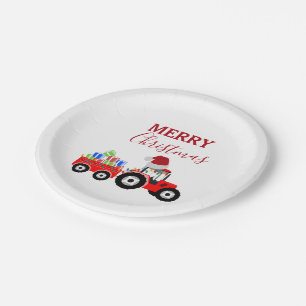 Red Christmas Tractor Truck Farm Paper Plate