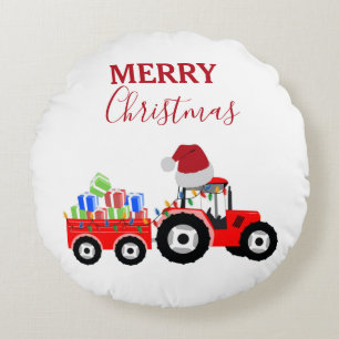 Red Christmas Tractor Truck Farm Round Cushion
