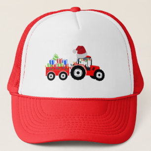 Red Christmas Tractor Truck Farm Trucker Hat