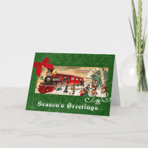 Red Christmas Train Engine Green Background Holiday Card